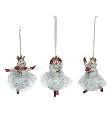Set Of 3- Snowman Ballerina Ornaments Ballet Poses Sugarplum Tutu Hand Painted
