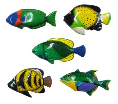 Magnet Holz - Fische 5er Set grün - Für den Kühlschrank - Handarbeit aus Bali