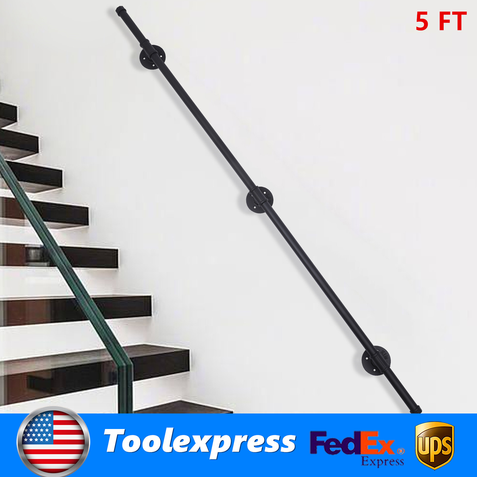 5 FT Iron Handrail for Steps Stair Railing Hand Rail Kit Black Outdoor Indoor