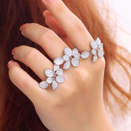 Anillo de dedo tamaño ajustable enchapado en plata con flor de circonio en forma de hoja abierta - Imagen 3 de 14