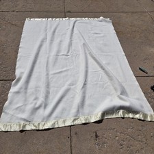 Vtg Waffle Weave Satin Trim Acrylic Knit Ivory Blanket 87 x 65 Made In USA