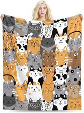 Cat Throw Blanket 50x60 Soft Flannel Kawaii Cat Design Cozy Sofa Bed Throw