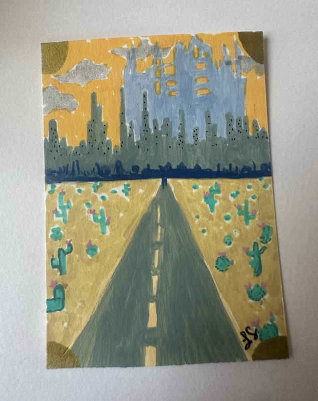 Original ACEO Signed Unframed Cityscape Road Desert Skyline Painting