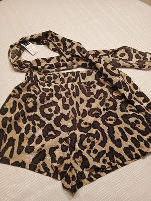 Women Shein Curve XS leopard Zebra print shorts belt elastic Brown Junior Pants 