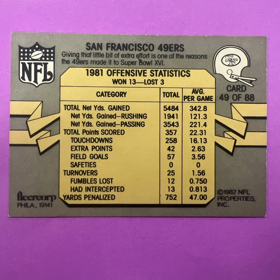 1982 Fleer Team Action Football - JOE MONTANA #49 - San Francisco 49ers - Image 2 of 2