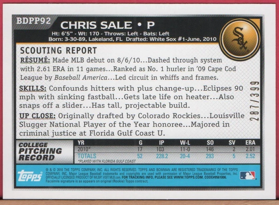 Tarjeta de novato Bowman Blue/399 2010 - venta Chris - Sky Blue Parallel #BDPP92 - RC Foto 2 de 2