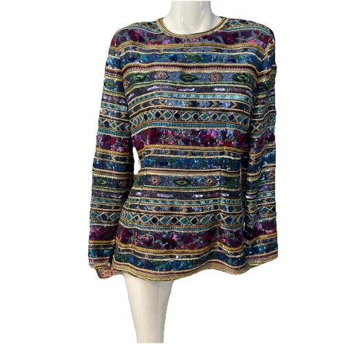 OSCAR DELA RENTA Stunning VintageAll OverBeaded Embroidery Blouse 12 - product listing photo