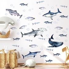 Buiory Sharks Wall Stickers Watercolor Decals Peel and Stick E