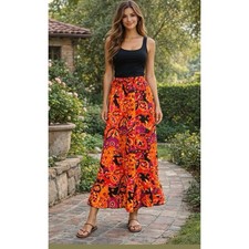 Vintage 1970s Orange Psychedelic Floral Retro Boho Ruffled Maxi Skirt Sz S