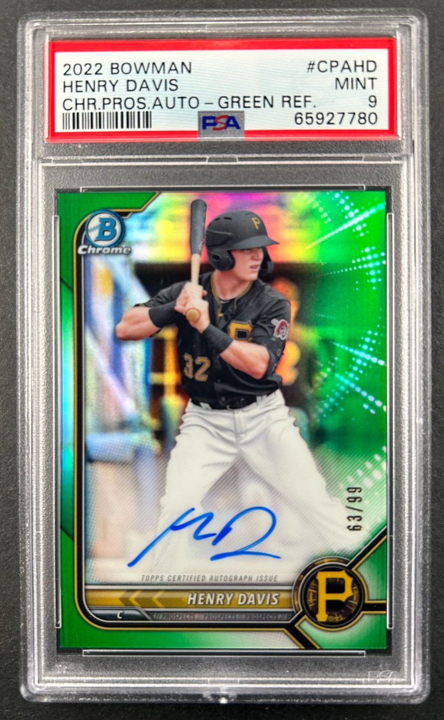 2022 Bowman Chrome - Henry Davis #CPA-HD Pirates Green Refractor /99 AUTO PSA 9