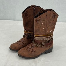 Girls Rodeo Ropers Brown Western Boho Boots Youth Size 1 Embroidered Details