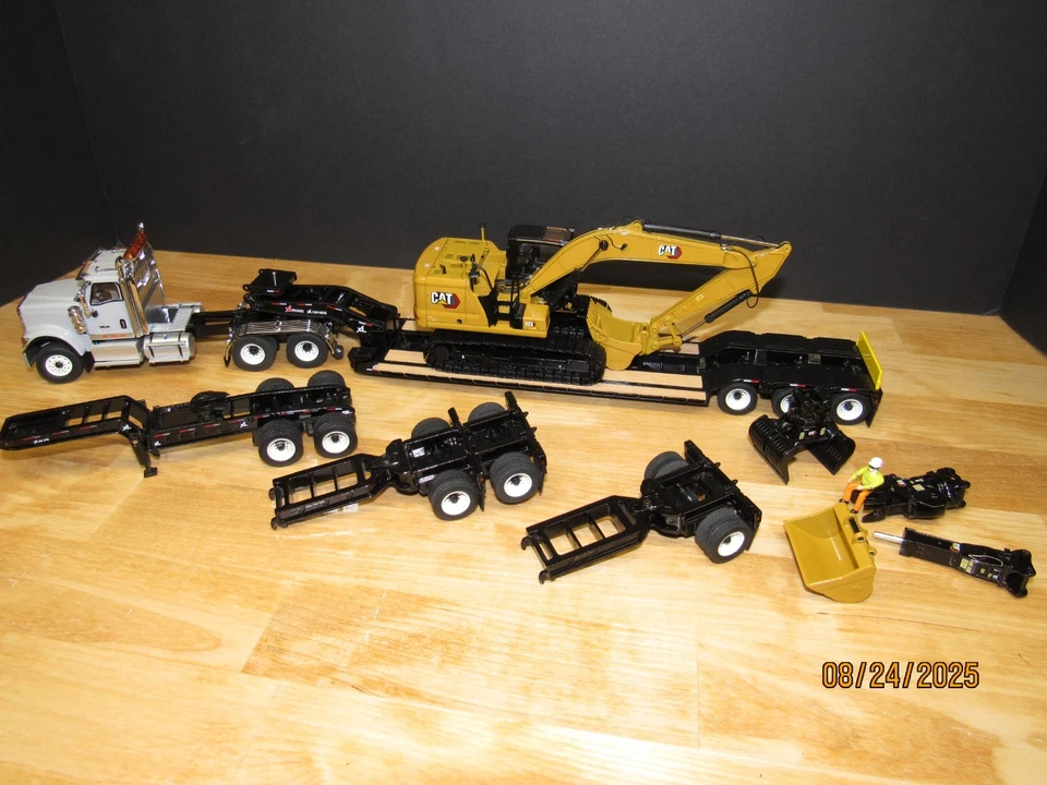 1:50 Diecast Masters International HX520 w/ Lowboy & CAT 323 Excavator w/ Tools - Image 3 of 4