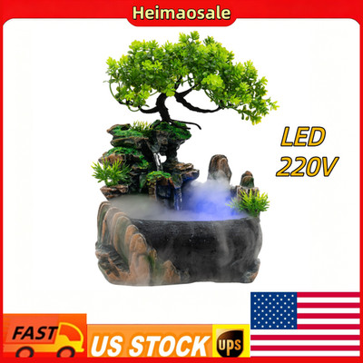 Indoor Water Fountain LED Light Tabletop Resin Rockery Fengshui Waterfall Decor.