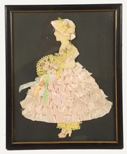 Vtg Handmade Framed Ribbon Art Satin, Lace  Paper Doll 1920-30 Beautiful Work 