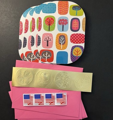 Set of 4 Modern Retro Tree Pattern Notecards w/Env/Seals/Stamps BN Glossy Blank