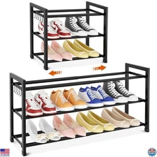 Adjustable Expandable Metal Shoe Rack - 3-Tier Organizer for 12 Pairs - Black