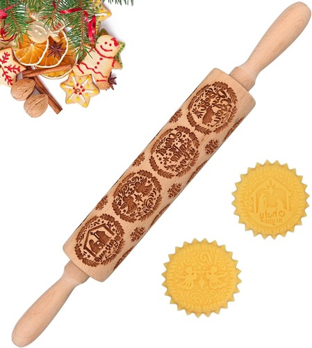 Nativity and Gnome Embossed Dough & Cookie Rollers Engraved Wooden Rolling Pin - Picture 2 of 14