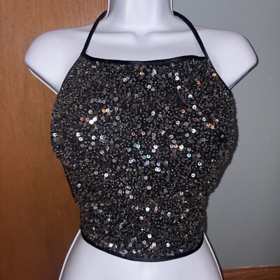 Y2K 90s Newport News Vintage Black Silver Sequin Halter Top Small RARE Stunning!