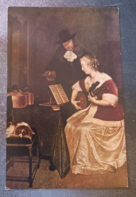 vtg postcard Music Lesson Gerard Ter Borch painting art unposted rare