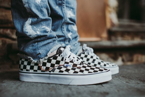 vans authentic checkerboard on feet