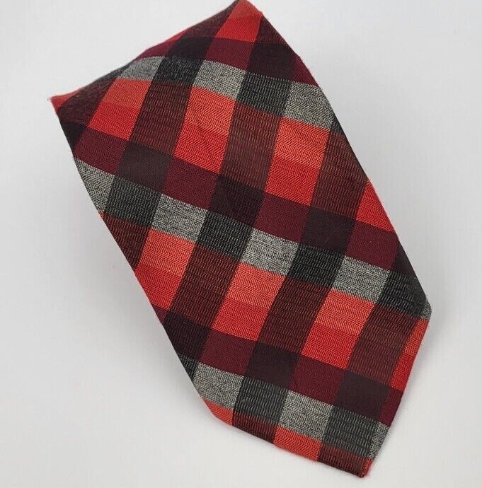 Structure Polyester Tie Red Gray Black Plaid Geom… - image 1