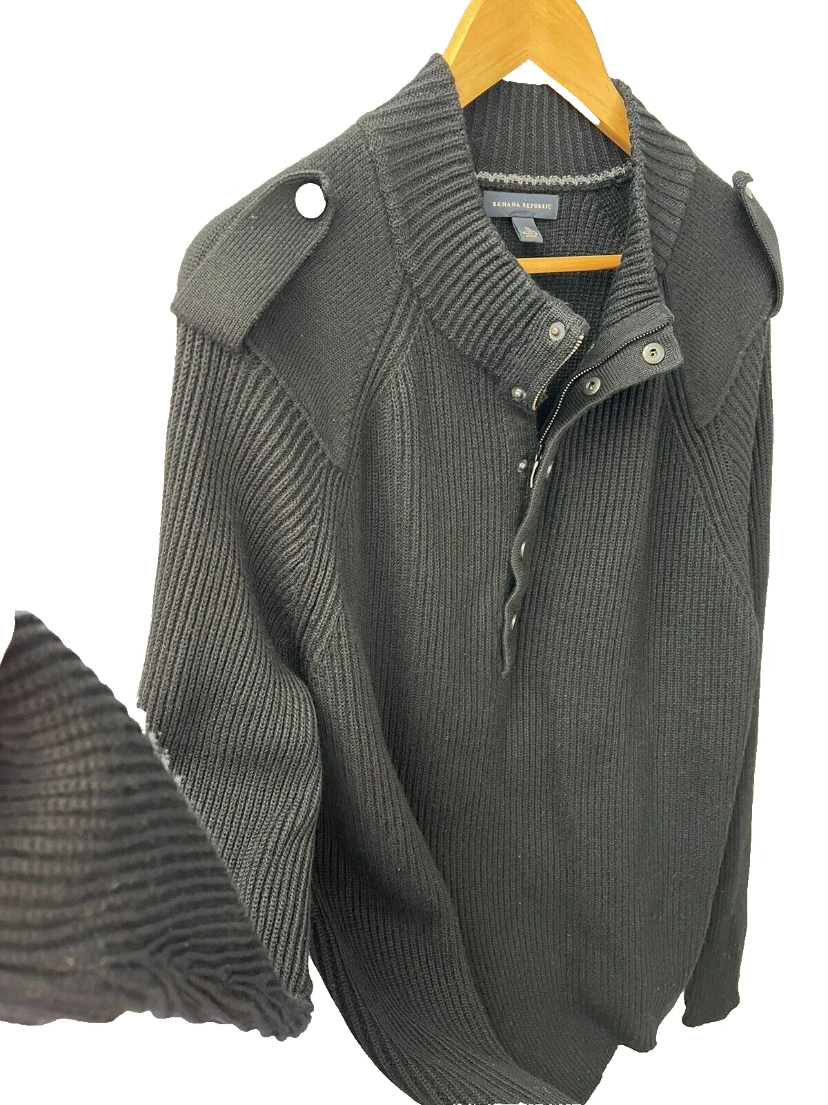 Banana Republic Mens XL Wool Sweater Black 1/4 Snap Zip Ribbed Soft Pull Over