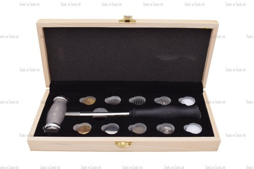 IN WOOD BOX TEXTURING HAMMERS 12 FACES/ HEADS DESIGN PATTERNS JEWELLERY REPOUSSE
