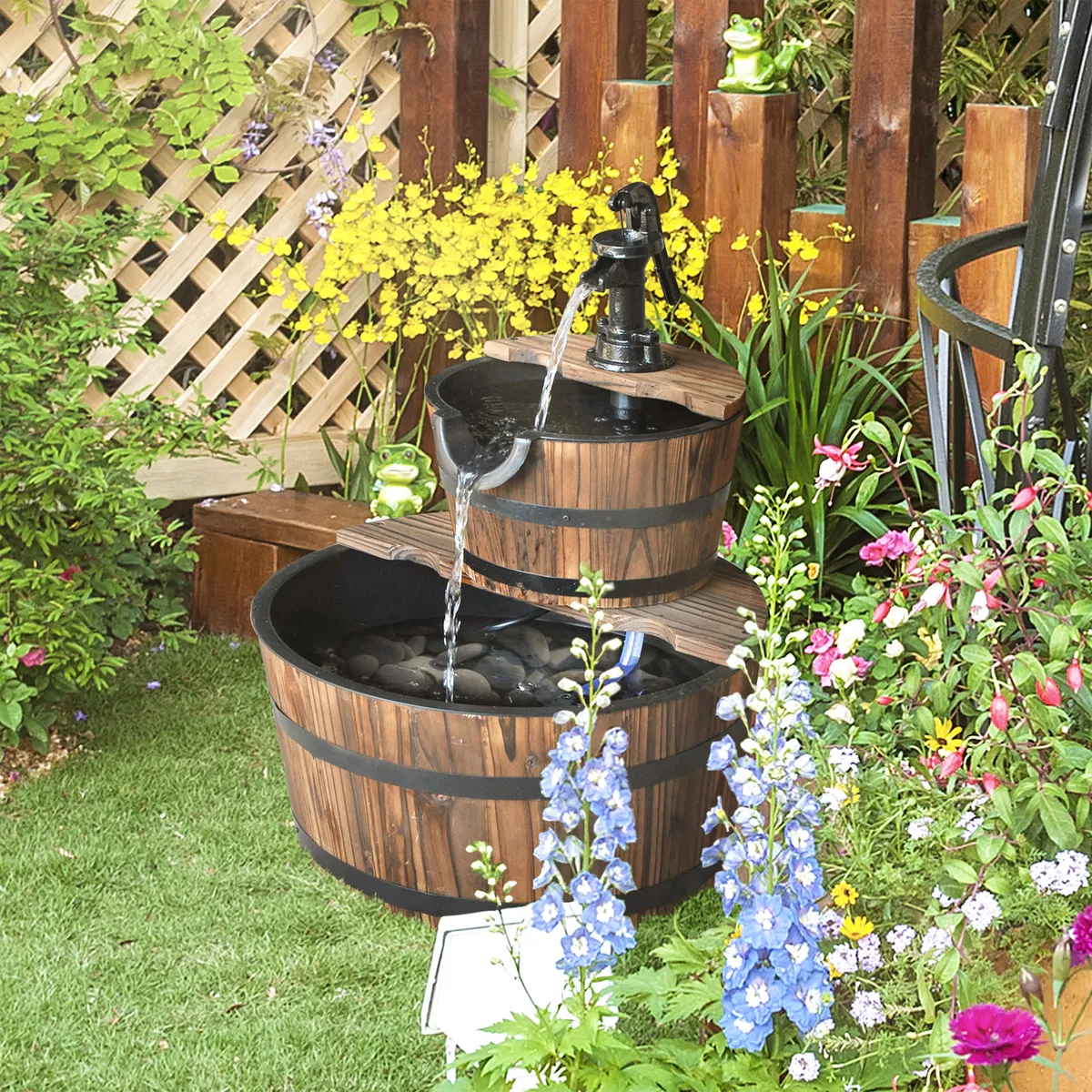 Wooden Water Pump Fountain 2 Tier Cascading Feature Barrel Garden Deck |  eBay