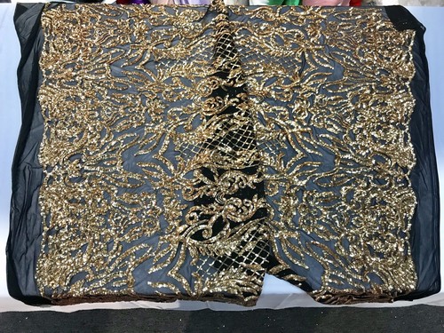 GOLD SHINY SEQUIN DAMASK DESIGN EMBROIDERY ON A BLACK 4 WAY STRETCH MESH-1 YARD. - Picture 8 of 9
