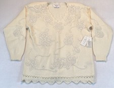 NWT VTG Marisa Christina Cream Lambs Wool Angora Embroidered Beaded Sweater Sz M