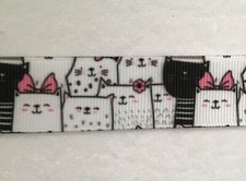 Cute cats bow flower Grosgrain ribbon BTY 7/8" White Pink Kitty Cat