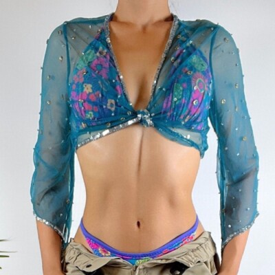 Vintage Y2K Fairycore Blue Beaded Sheer Sequin Cropped