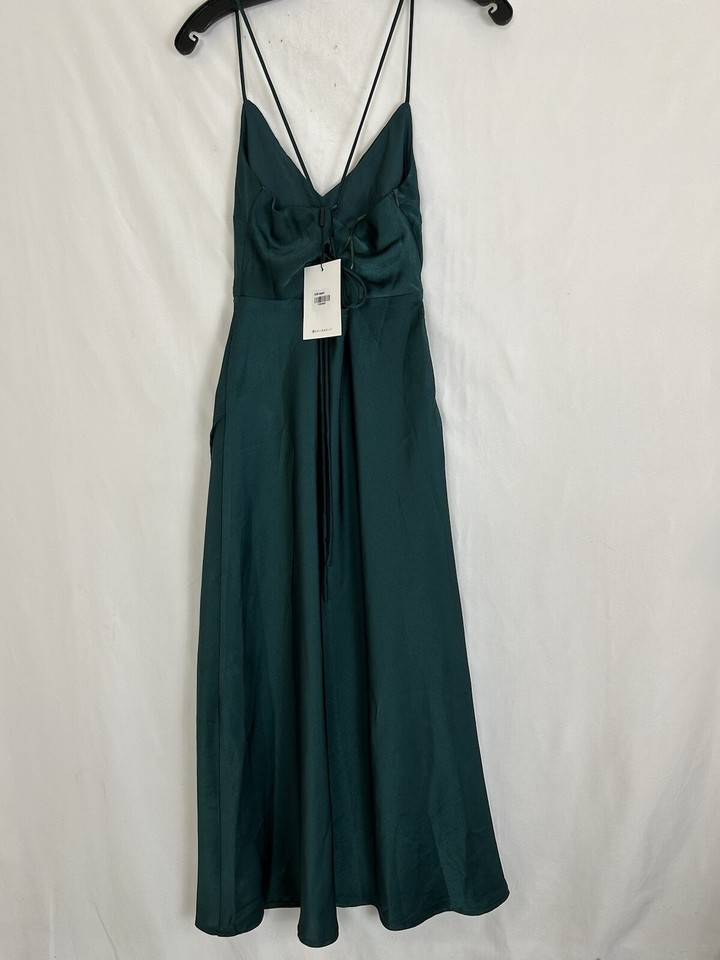 Hello Molly Green Slip Dress High Slit Crashing Prom Medium Midi Tie