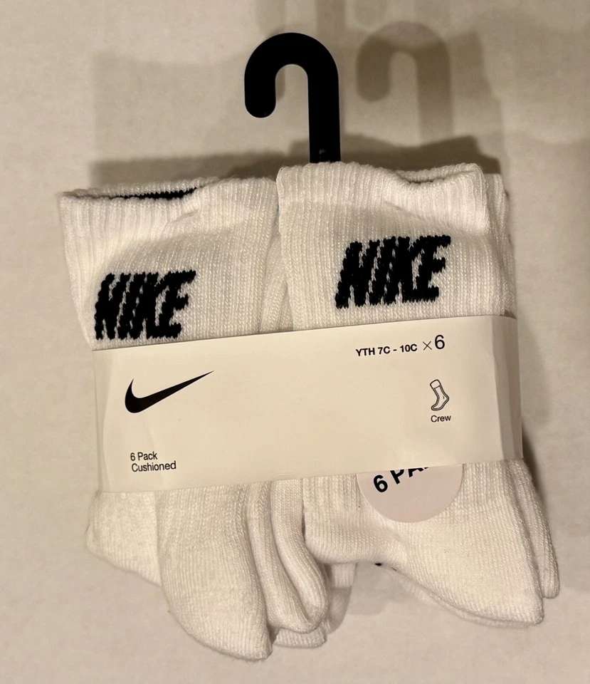 AUTHENTIC Nike Kid's Youth Everyday Crew Socks 6-PAIRS WHITE - NEW