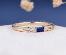 0.1ct Baguette Cut Natural Sapphire & Diamond 100% 14k SOLID Gold Wedding Band