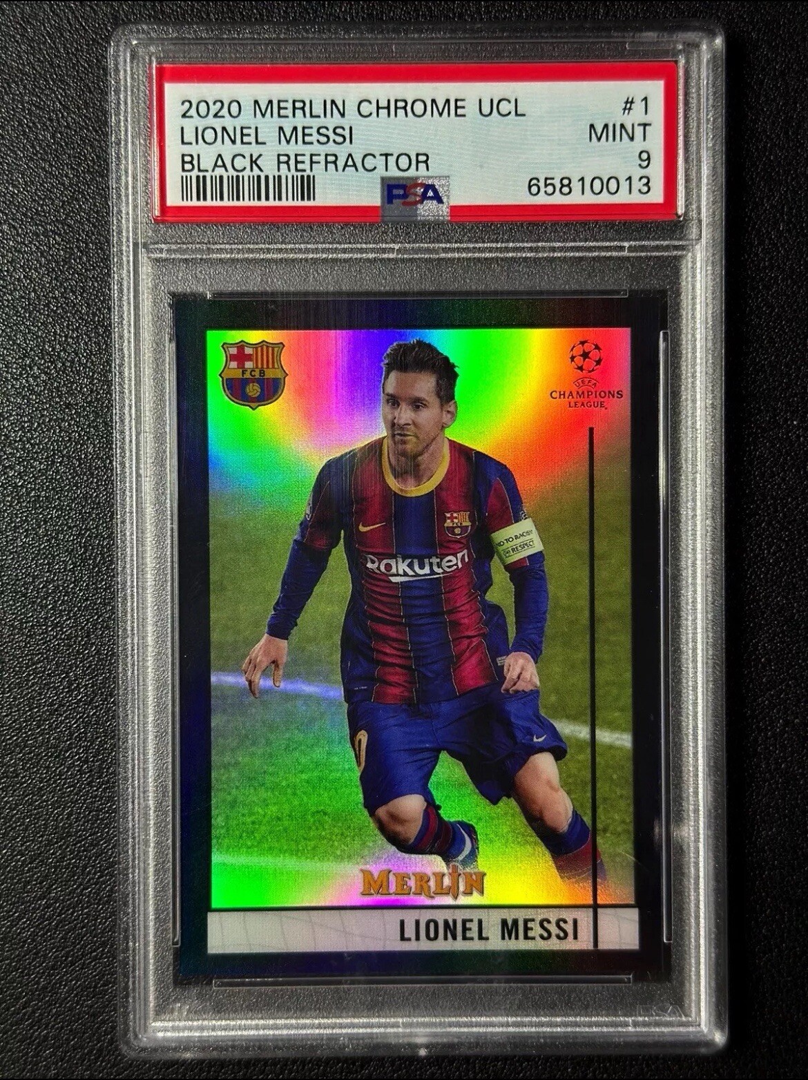 2020-21 Topps Merlin Chrome UCL #1 Lionel Messi Black Refractor /15 PSA 9 (0 ⬆️)