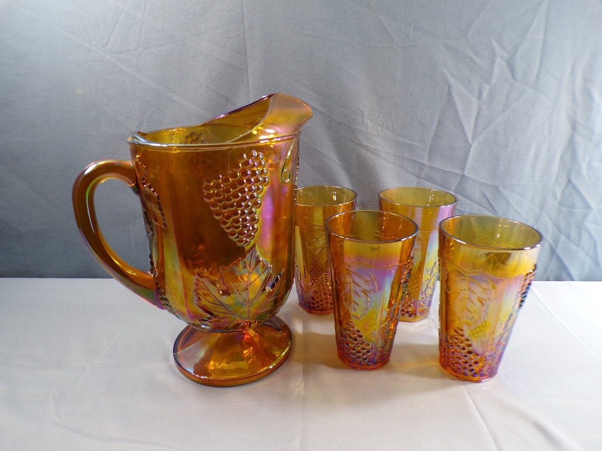 Indiana Marigold Carnival Glass Grape Harvest Water Set - Pitcher