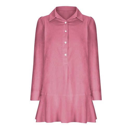 Women' s Button Down Mini Tunic Long Sleeve Loose Fit Flowy Ruffle Hem