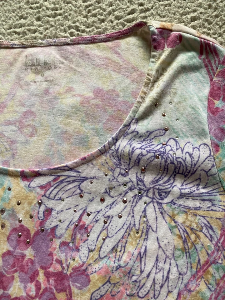 Camiseta Nicole Miller Mujer Floral Cuentas Manga Corta Cuello Redondo Talla M Foto 4 de 4