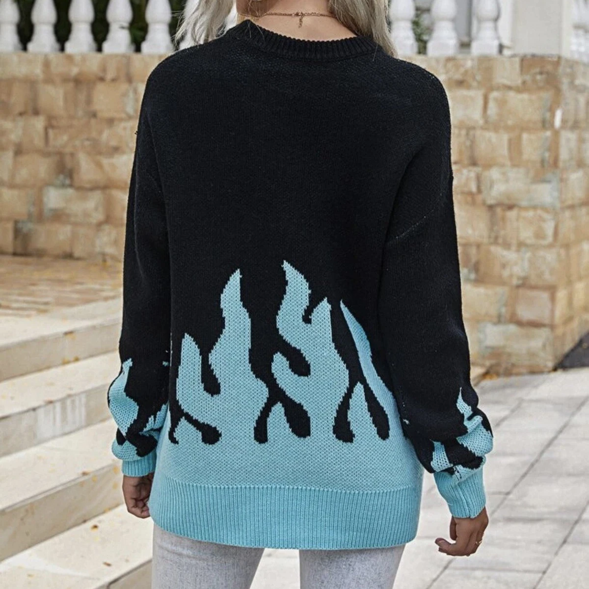 Black jumper with blue flames sale