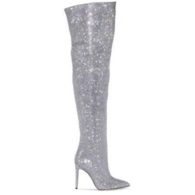 Womens Pointed Toe Pull on High Heels Rhinestone Decor Sexy Over The Knee Boots