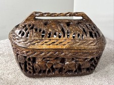 Vintage Folk Art Carved Wood Bread Basket Decor Box Wildlife Elephant Safari