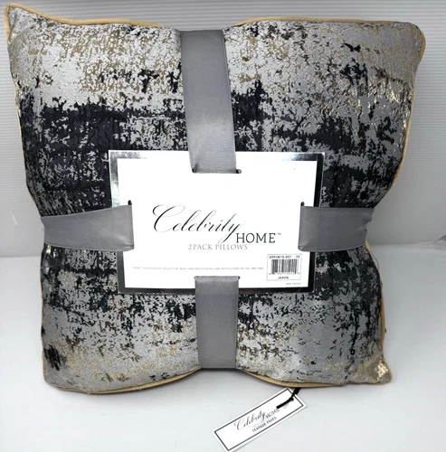 CELEBRITY HOME 2 BLACK GREY & METALLIC GOLD 16 X 16 PILLOWS WITH FEATHER INSERTS
