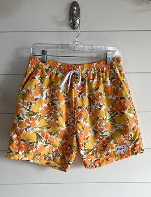 Kulani Kinis Swim Shorts Men MEDIUM Citrus Print Yellow Lined 6 