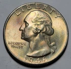 1946-S WASHINGTON Quarter 25c Silver Coin ~Brilliant Uncirculated ~Golden Toning