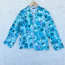 Additions by Chico's Size 0 Blazer Jacket Blue Green Peacock Print Cotton Blend