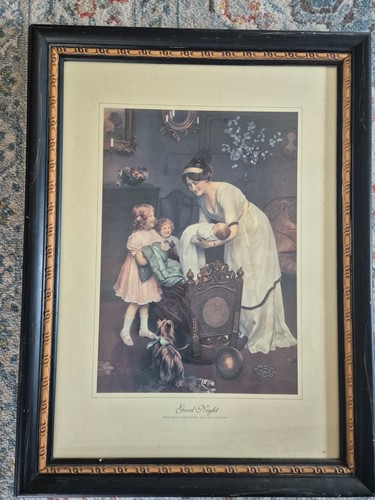 Good Night print mounted on wooden frame original by Arthur John Elsly