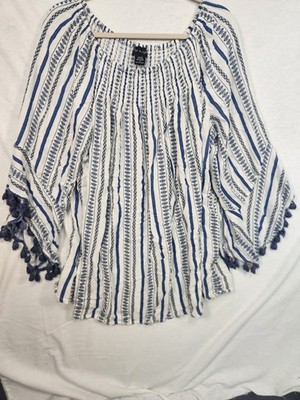 Step In Style Plus 2X White/Blue Striped Scoop Neck Tassel Kimono Blouse Boho