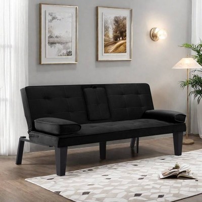 65'' Sleeper Sofa Bed Drop-Arm Cup Holders 3-Position Recline Black Twin Sleeper