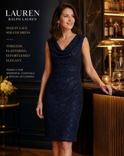 Lauren Ralph Lauren Navy Sequin Lace Sheath Dress 4 Cowl Neck Cocktail Wedding